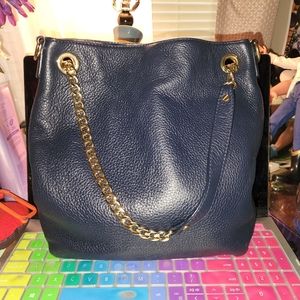 Michael Kors Navy Leather MAG CLOSURE Shoulderbag Purse W Gold Chains